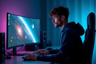 Joueur configurant les paramètres d'affichage 21/9 sur un écran ultrawide pour Eve Online 2 dans un bureau gaming moderne