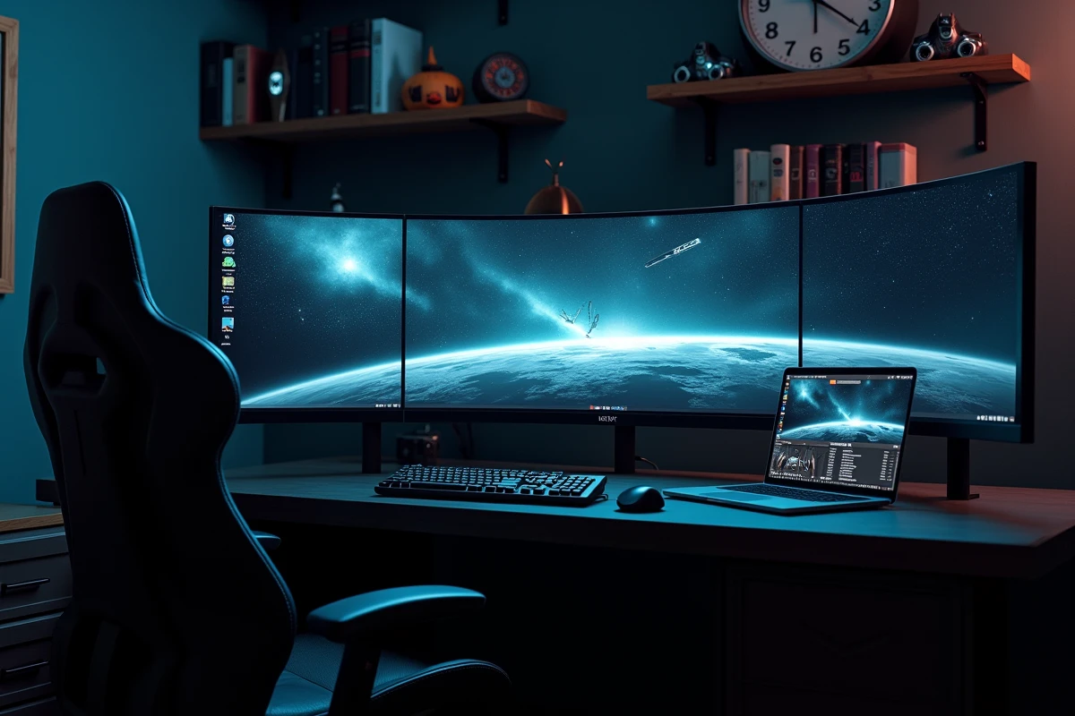 Station gaming complète avec écran ultrawide 21/9 affichant Eve Online 2 en résolution étendue et second moniteur de référence