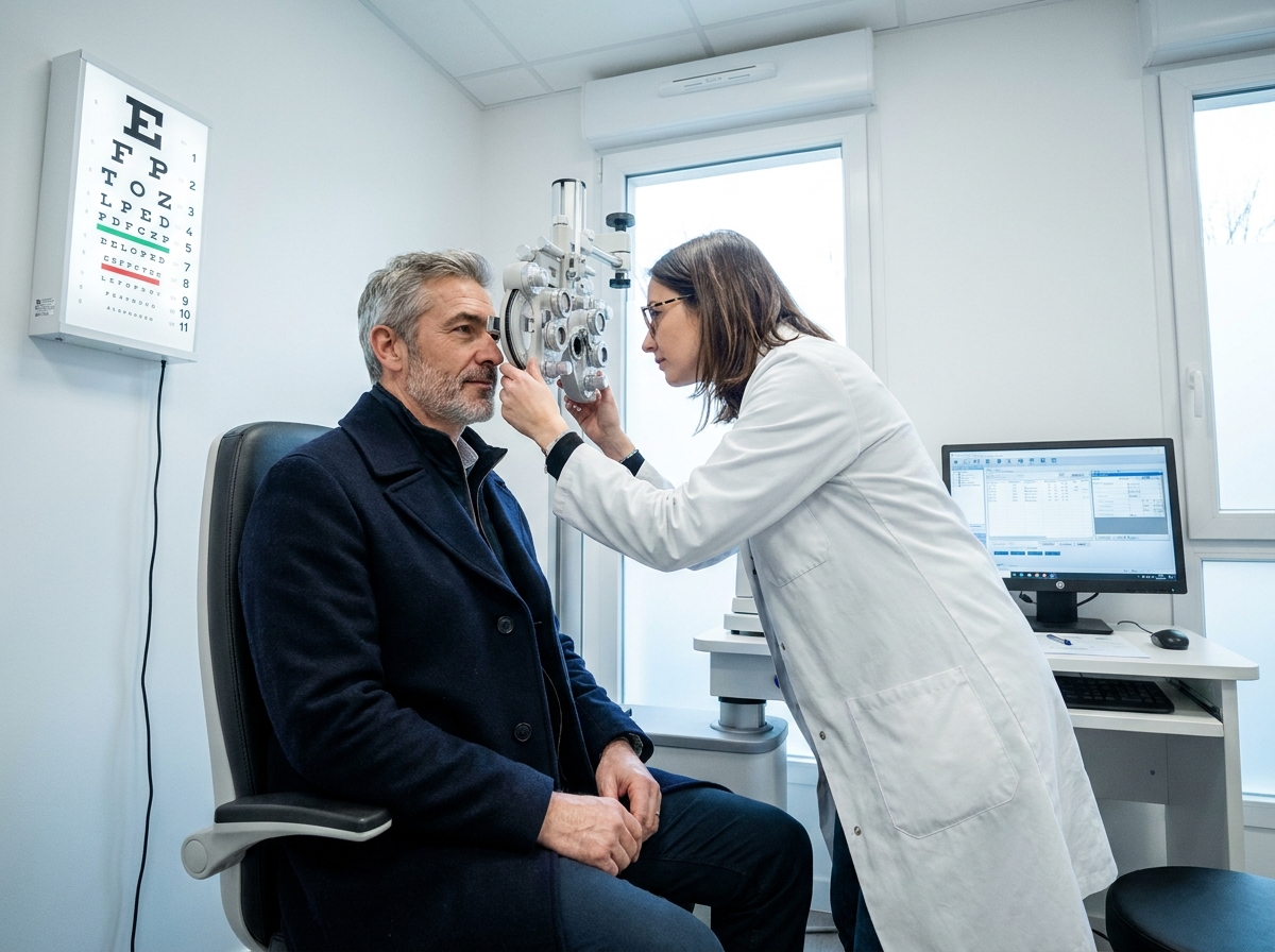Examen de la vue chez un opticien à Dijon, patient en manteau de laine face à un phoropter tenu par un optométriste