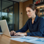 Femme d affaires analysant un tableau Excel dans un bureau moderne