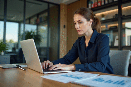 Femme d affaires analysant un tableau Excel dans un bureau moderne