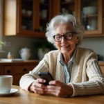 Femme âgée souriante utilisant un téléphone à gros boutons dans la cuisine chaleureuse