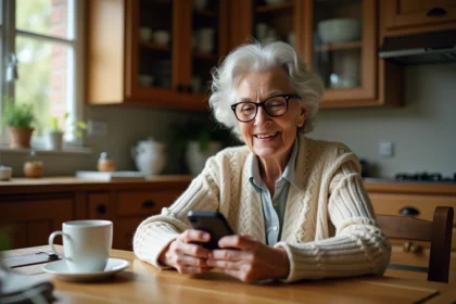Femme âgée souriante utilisant un téléphone à gros boutons dans la cuisine chaleureuse