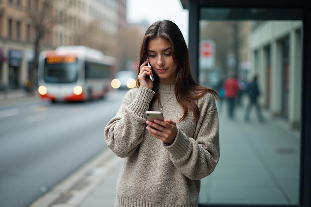 Jeune femme au arrêt de bus en train de composer son téléphone