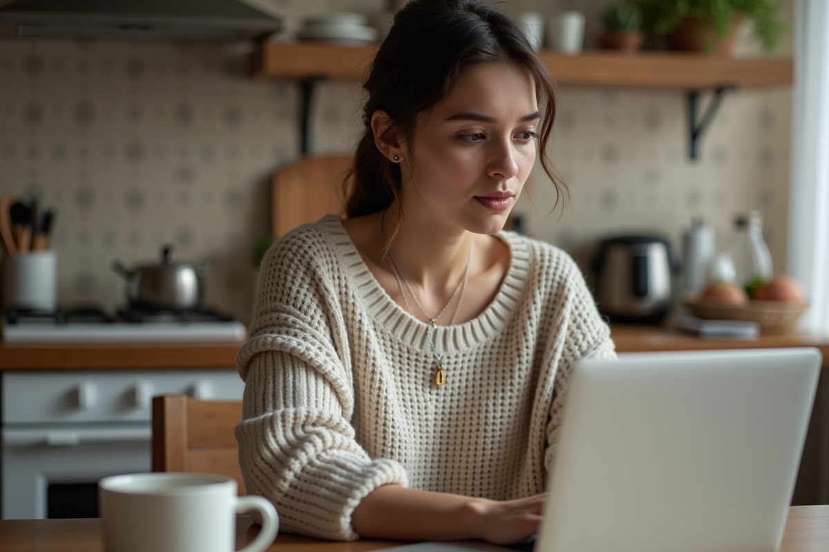 Jeune femme regardant son ordinateur dans une cuisine chaleureuse