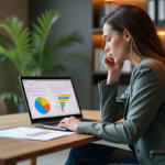 Jeune femme au bureau analysant des graphiques de branding