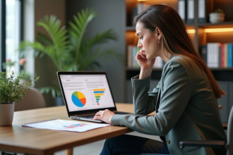 Jeune femme au bureau analysant des graphiques de branding