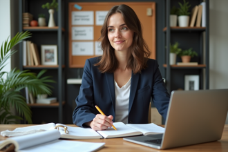 Femme concentrée travaillant sur son ordinateur dans un bureau créatif