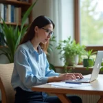 Femme travaillant sur un ordinateur dans un bureau cosy