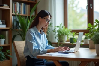 Femme travaillant sur un ordinateur dans un bureau cosy