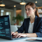Femme professionnelle travaillant sur un ordinateur portable dans un bureau moderne