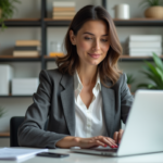 Femme en bureau moderne travaillant sur son ordinateur