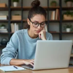 Femme concentrée travaillant sur son ordinateur dans un bureau cosy