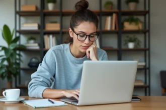 Femme concentrée travaillant sur son ordinateur dans un bureau cosy