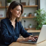 Femme au bureau à la maison recherchant le symbole dièse