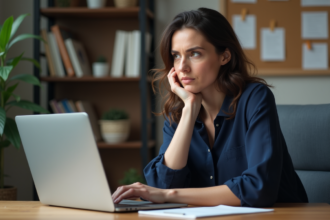 Femme concentrée dans son bureau moderne avec ordinateur