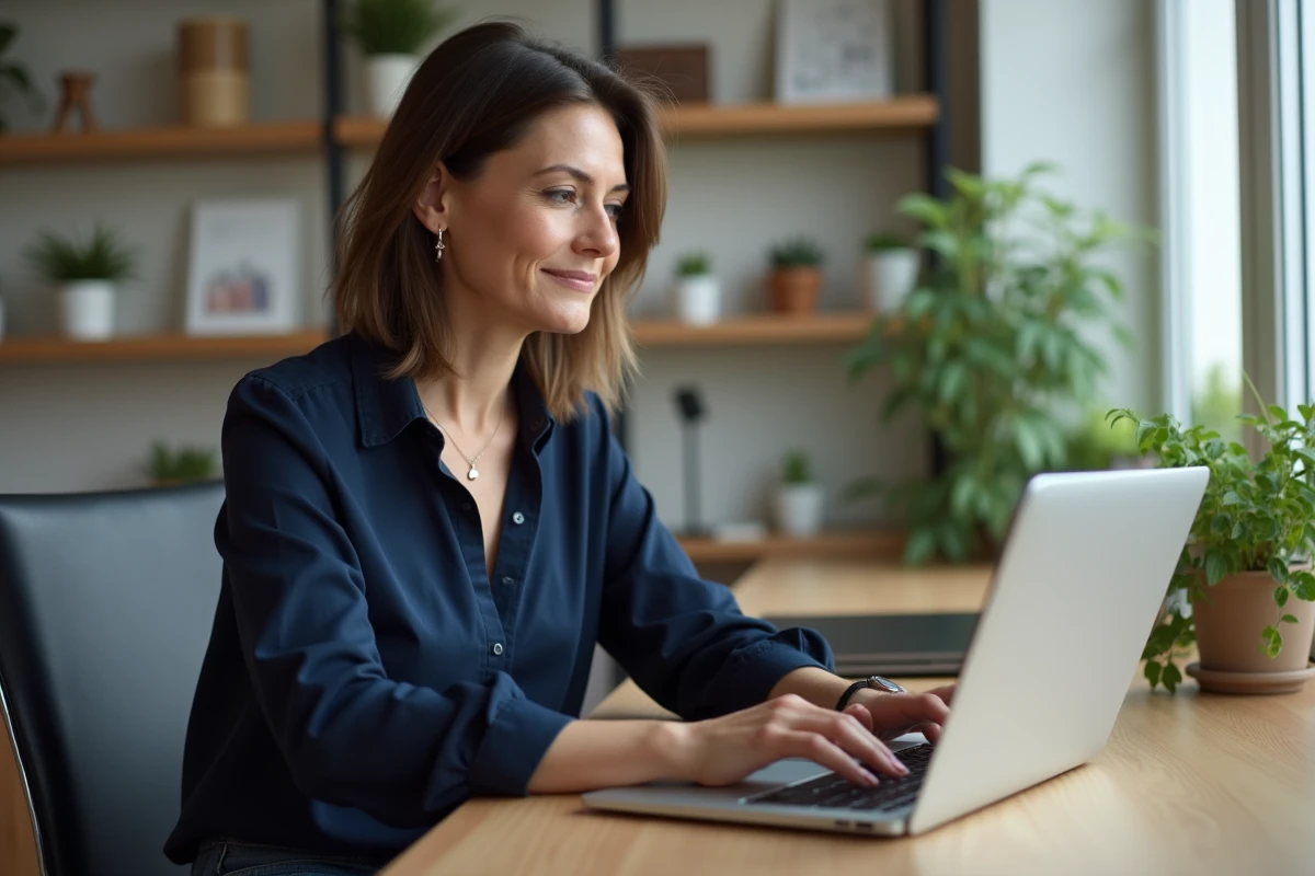 Femme au bureau à la maison recherchant le symbole dièse