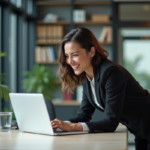 Femme d'affaires souriante vérifiant son workflow digital