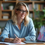 Femme souriante dans un bureau moderne avec ordinateur portable