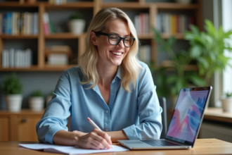 Femme souriante dans un bureau moderne avec ordinateur portable