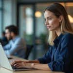 Femme professionnelle accédant à une interface webmail sur son ordinateur portable dans un bureau moderne