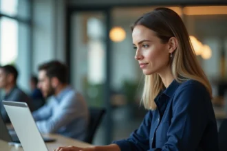 Femme professionnelle accédant à une interface webmail sur son ordinateur portable dans un bureau moderne