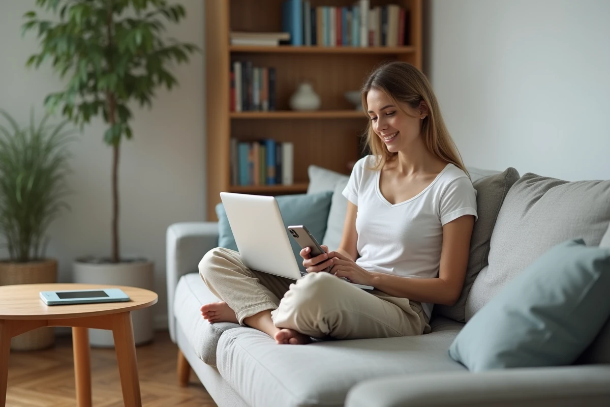 Femme sur un canapé configurant une sonnerie iPhone depuis un fichier musical gratuit et légal