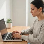 Femme tapant sur un clavier d'ordinateur portable pour écrire le caractère Ç avec cédille