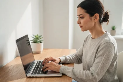 Femme tapant sur un clavier d'ordinateur portable pour écrire le caractère Ç avec cédille