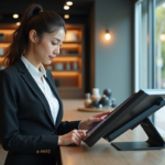 Jeune femme en costume interactant avec un écran tactile en magasin