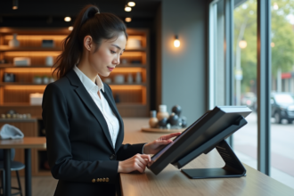 Jeune femme en costume interactant avec un écran tactile en magasin
