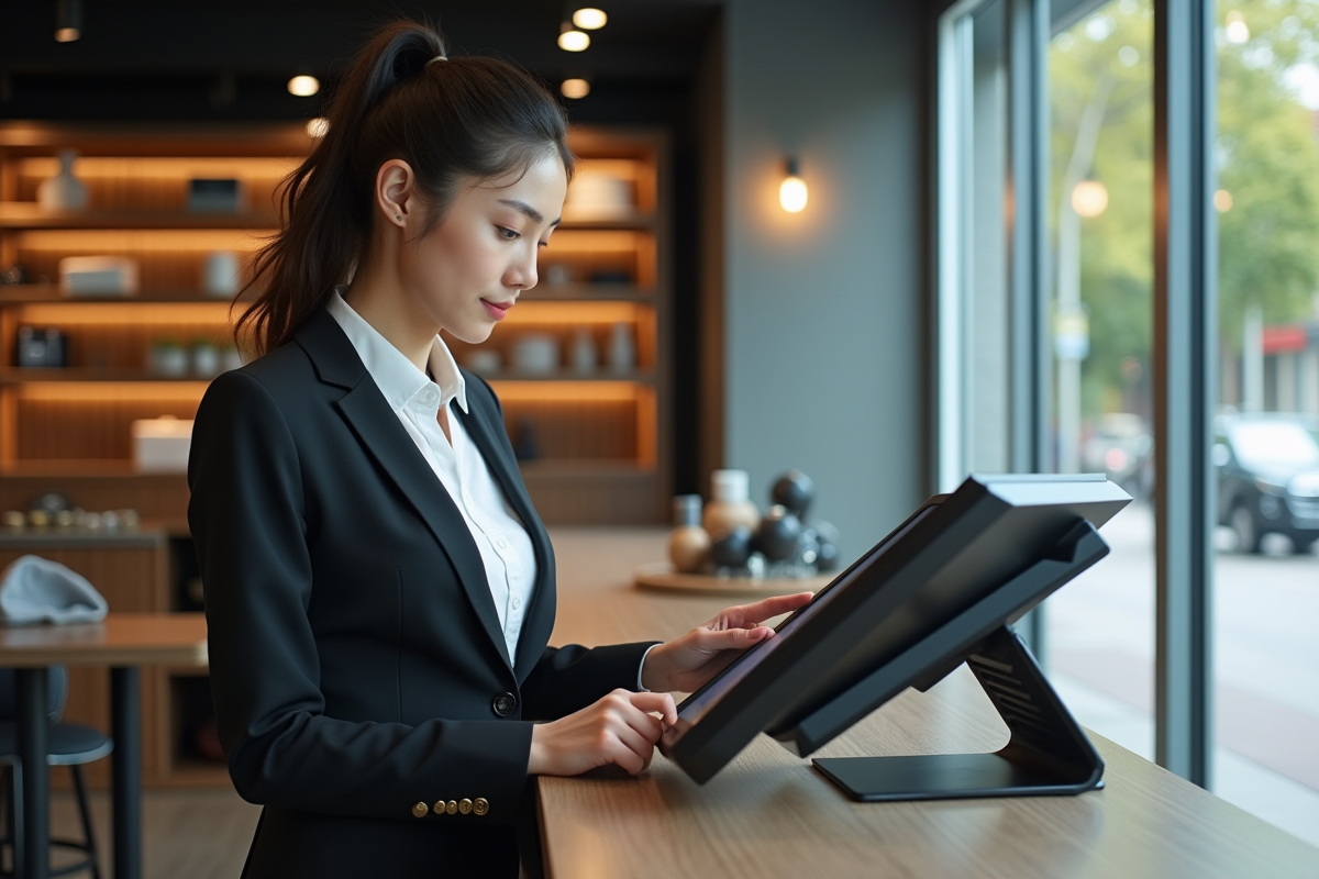 Jeune femme en costume interactant avec un écran tactile en magasin