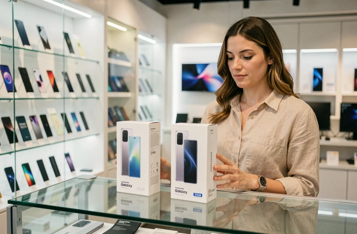 Femme en magasin comparant les boîtes du Samsung Galaxy S25 Ultra en différentes capacités de stockage
