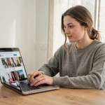 Femme utilisant un navigateur web sur ordinateur portable pour consulter des stories Instagram sans l'application officielle