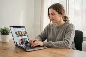 Femme utilisant un navigateur web sur ordinateur portable pour consulter des stories Instagram sans l'application officielle