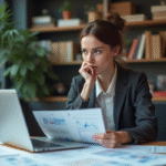 Femme réfléchie travaillant sur blockchain en bureau moderne