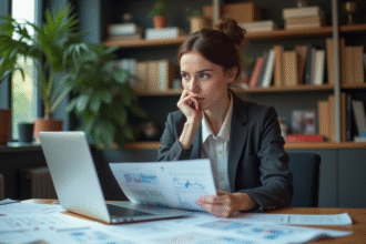 Femme réfléchie travaillant sur blockchain en bureau moderne