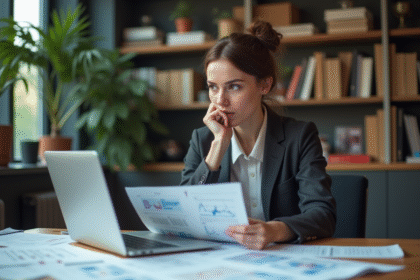 Femme réfléchie travaillant sur blockchain en bureau moderne