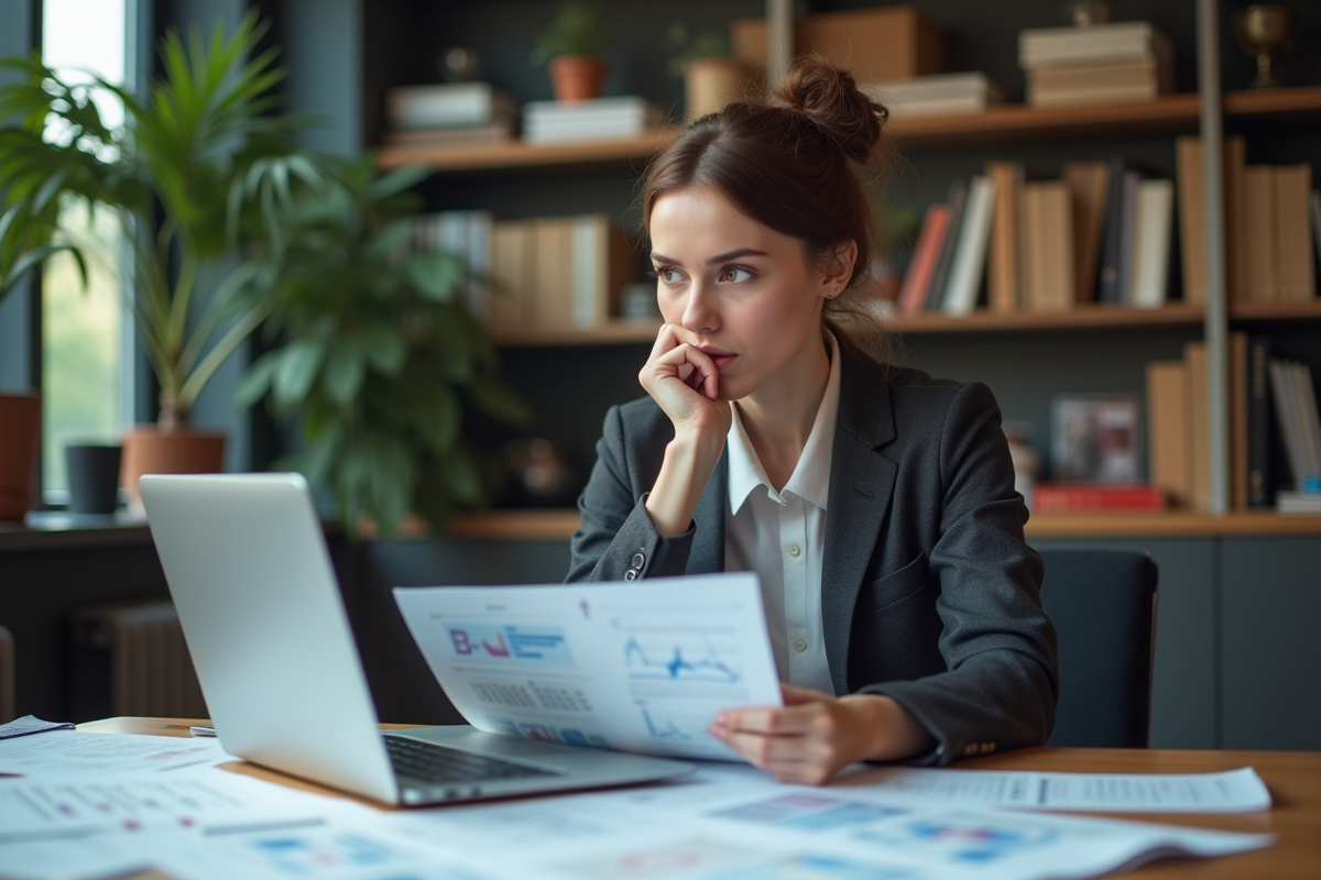 Femme réfléchie travaillant sur blockchain en bureau moderne