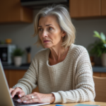 Femme d'âge moyen travaillant sur un ordinateur portable dans une cuisine chaleureuse