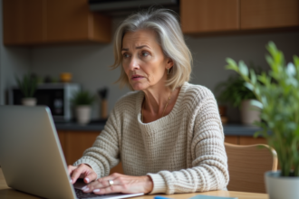 Femme d'âge moyen travaillant sur un ordinateur portable dans une cuisine chaleureuse