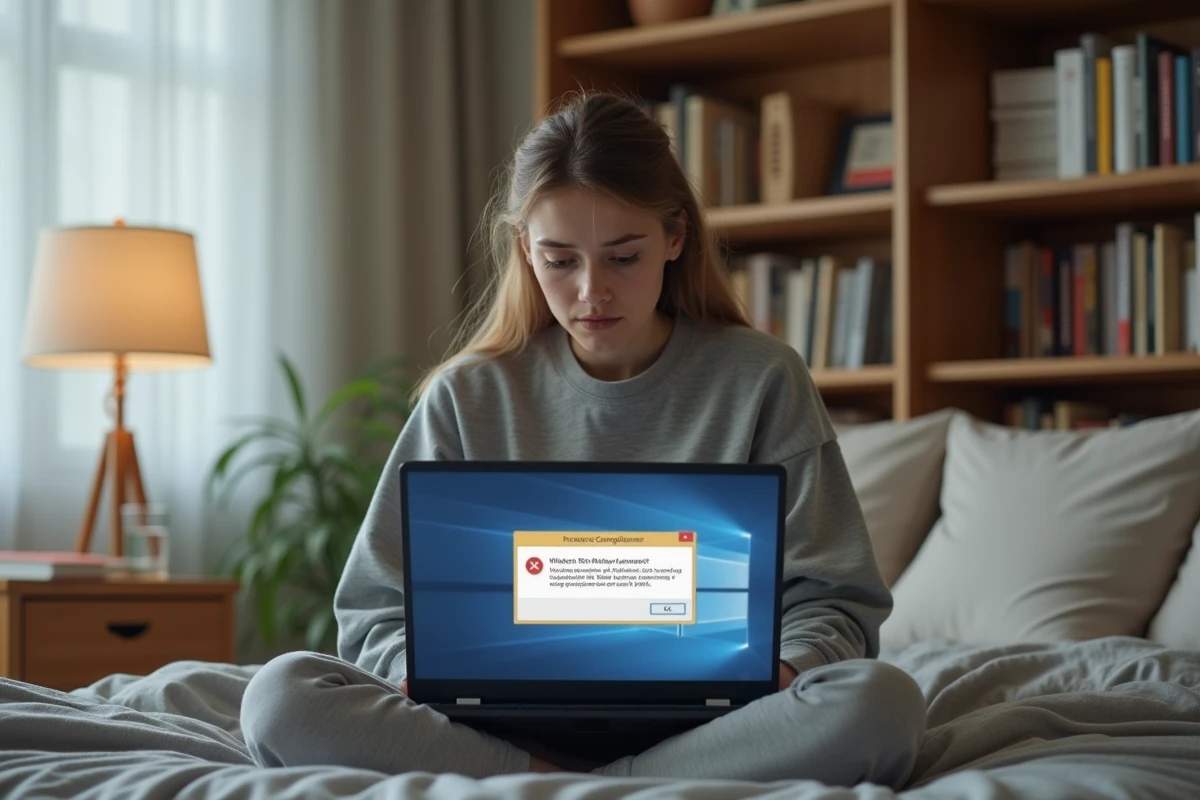 Jeune femme consultant une erreur d'installation de composant RIOT sur un ordinateur portable