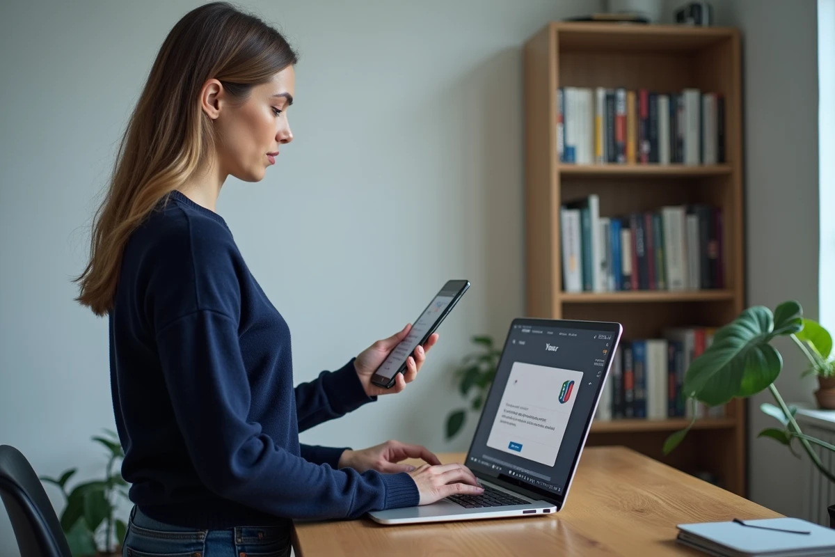 Femme consultant une page d'erreur de connexion sur laptop avec une Freebox visible sur le bureau à domicile