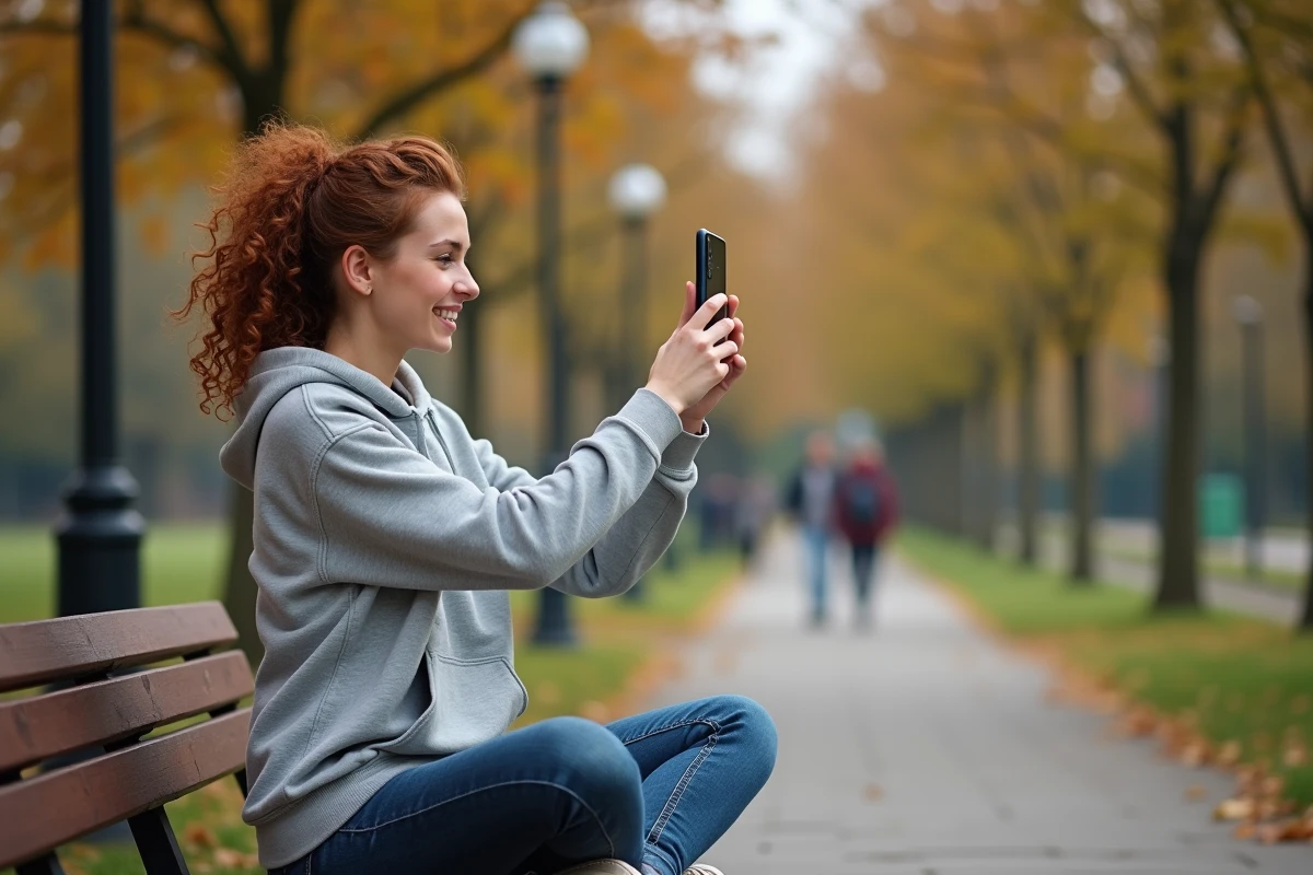 Une femme utilisant le Google Pixel 8 Pro pour photographier dans un parc urbain en automne