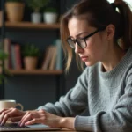 Femme hésitante devant son ordinateur portable consultant son historique Google dans un bureau à domicile