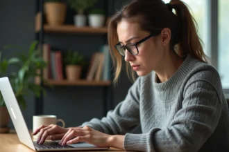 Femme hésitante devant son ordinateur portable consultant son historique Google dans un bureau à domicile