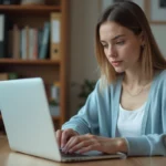 Femme en bureau à domicile tapant sur son ordinateur portable