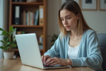 Femme en bureau à domicile tapant sur son ordinateur portable