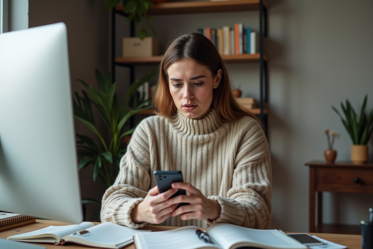 Jeune femme regardant son smartphone dans un bureau à domicile