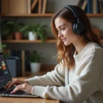 Femme ajustant audio sur ordinateur dans un bureau moderne